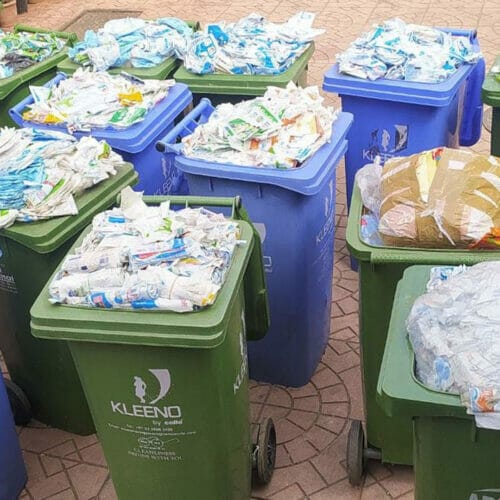 Used and cleaned plastic milk bags collected for recycling